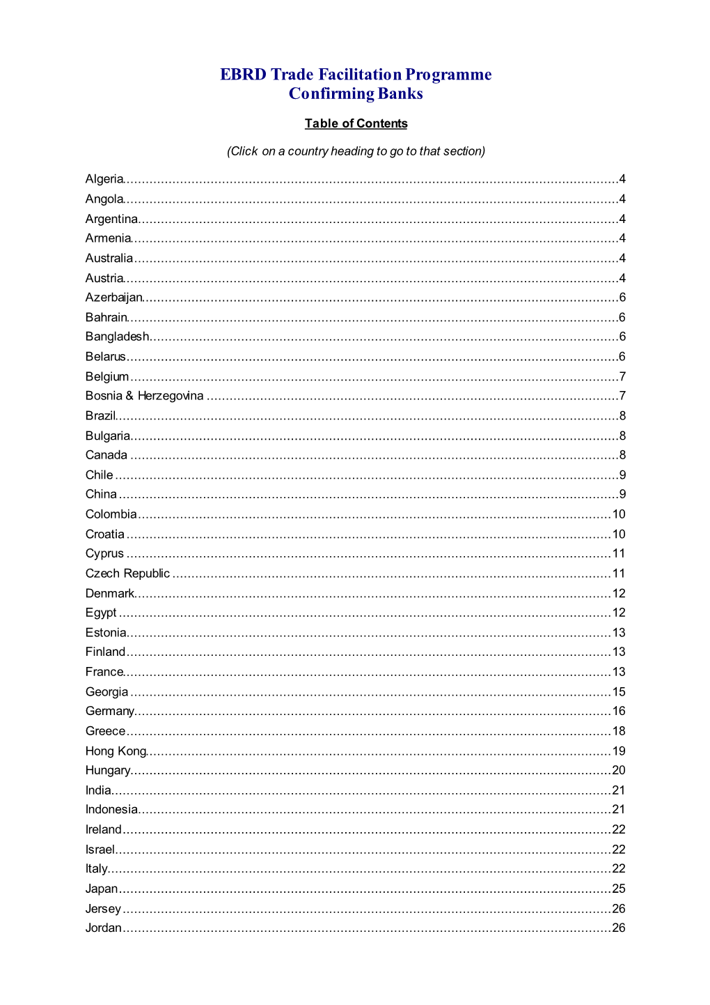 EBRD Trade Facilitation Programme Confirming Banks