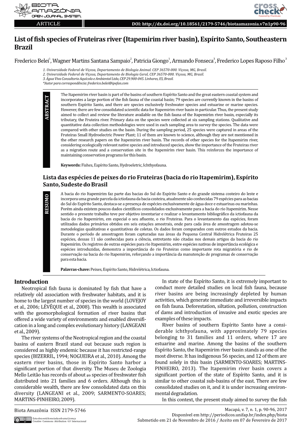 List of Fish Species of Fruteiras River (Itapemirim River Basin), Espírito Santo, Southeastern Brazil