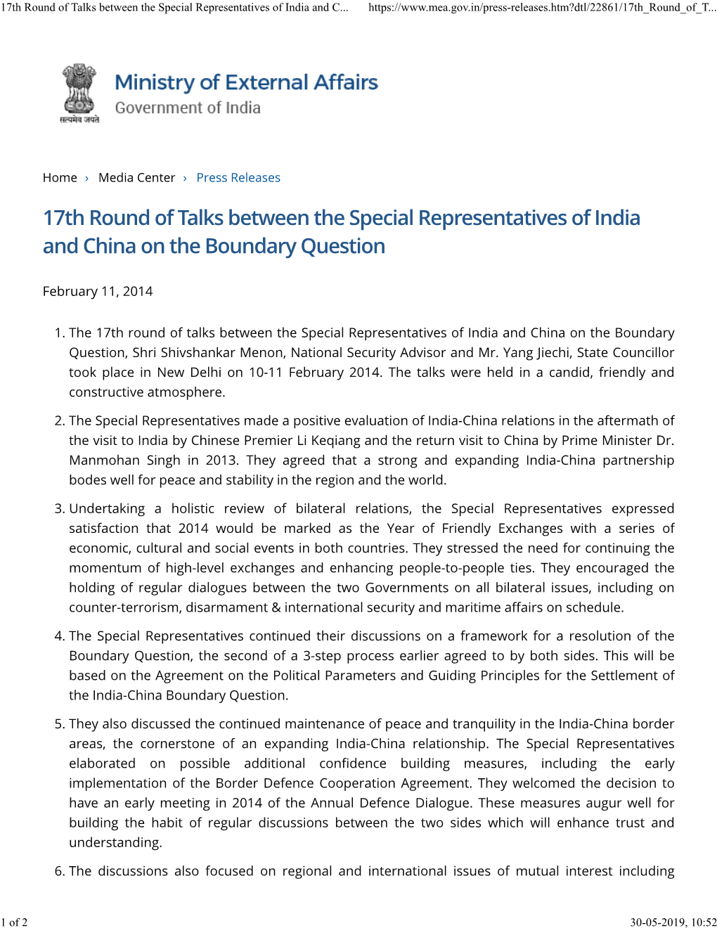 17Th Round of Talks Between the Special Representatives of India and China on the Boundary Question