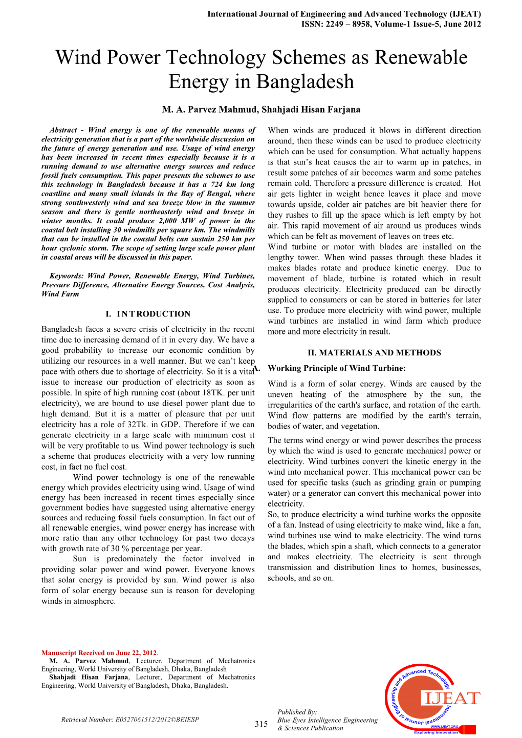 Wind Power Technology Schemes As Renewable Energy in Bangladesh