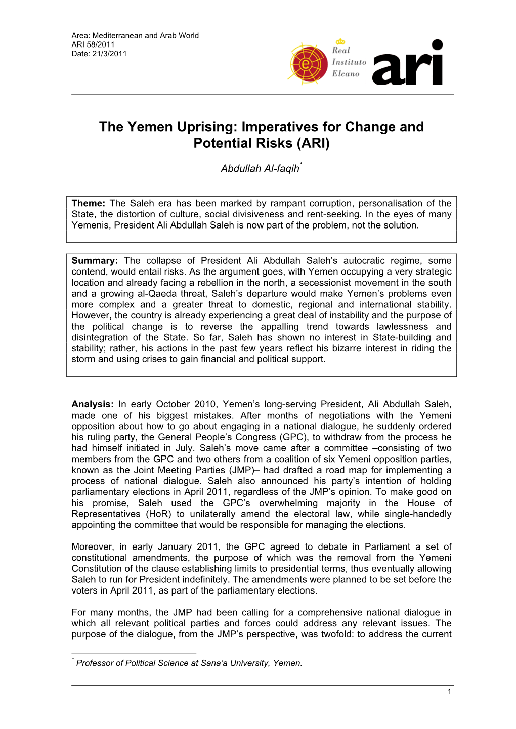 The Yemen Uprising: Imperatives for Change and Potential Risks (ARI)