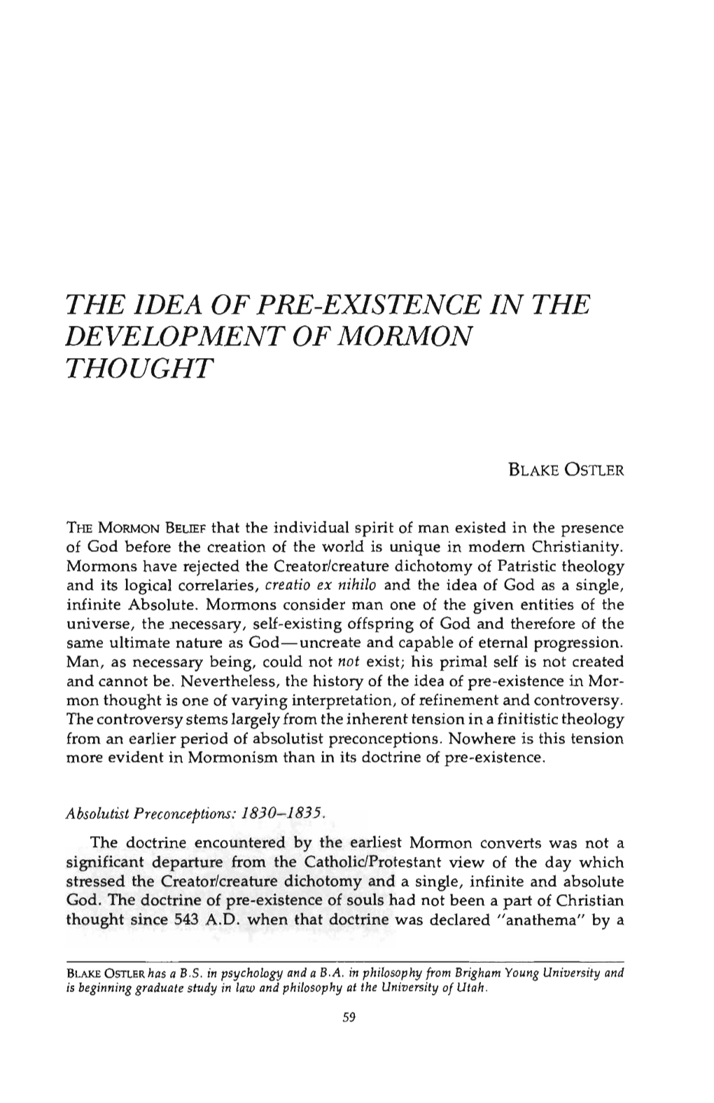 The Idea of Pre-Existence in the Development of Mormon Thought