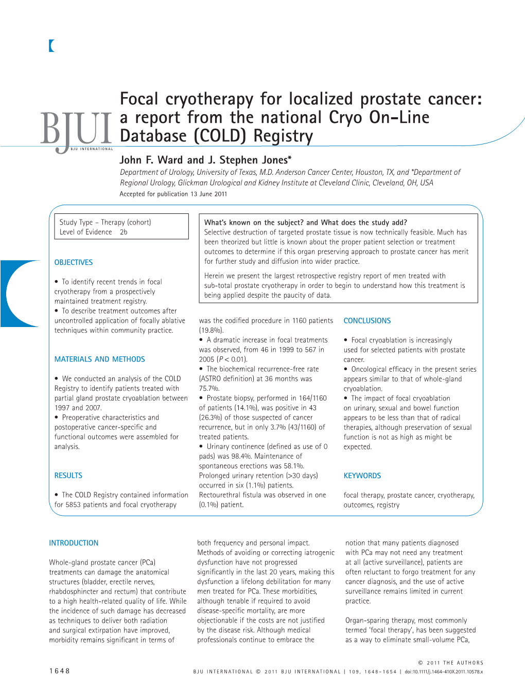 Focal Cryotherapy for Localized Prostate Cancer: a Report from the National Cryo On-Line Database (COLD) Registry BJUIBJU INTERNATIONAL John F