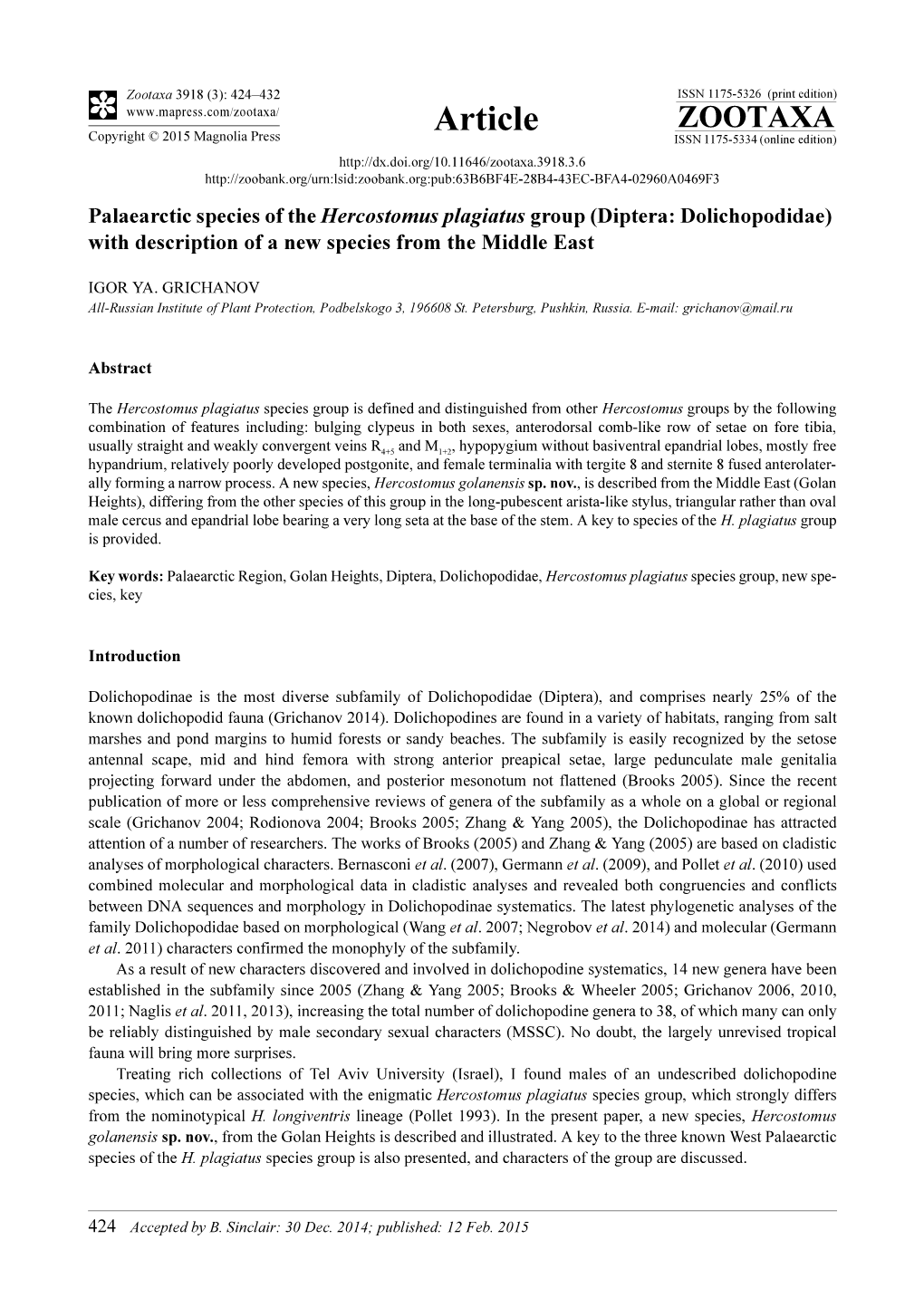 Diptera: Dolichopodidae) with Description of a New Species from the Middle East