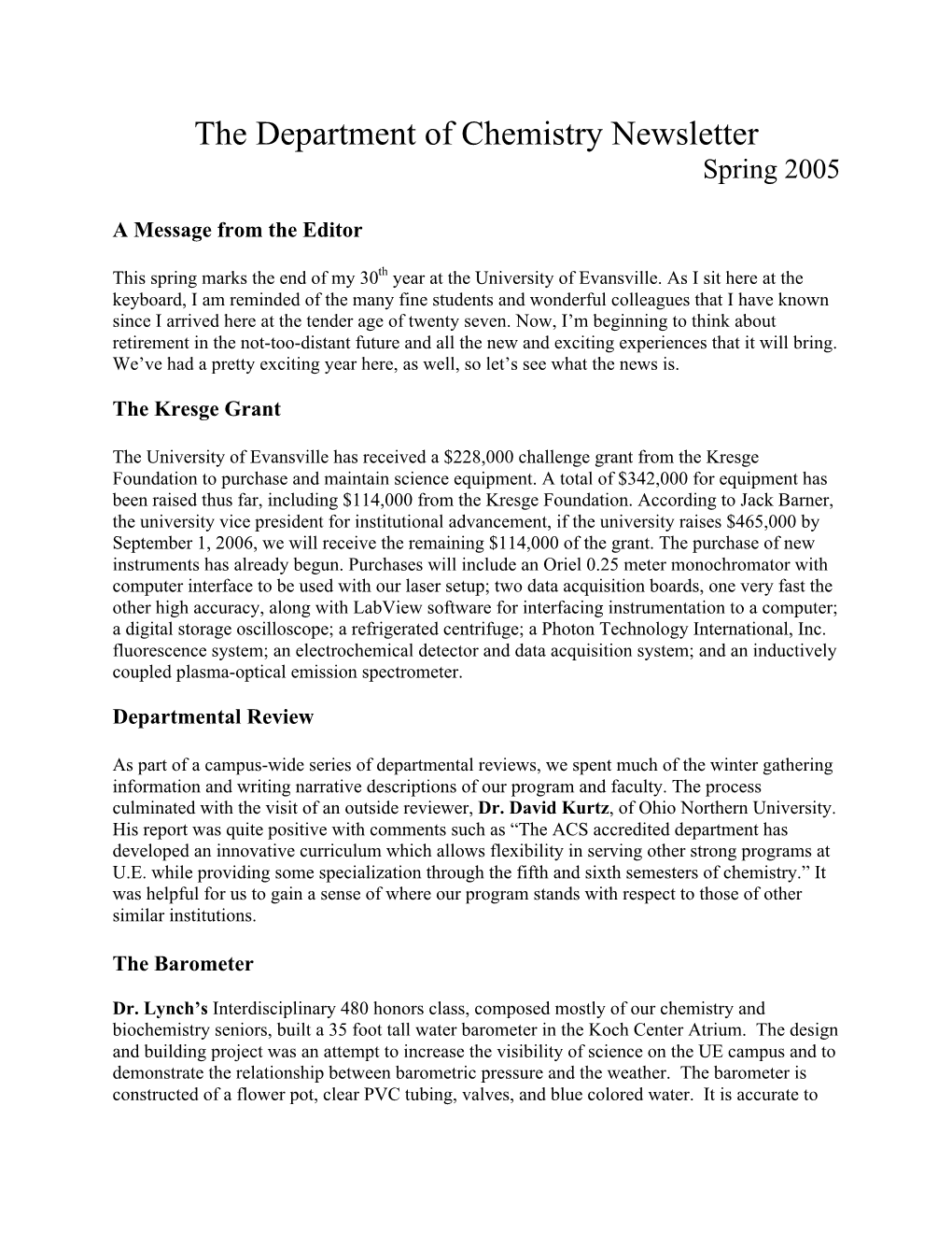 The Department of Chemistry Newsletter Spring 2005