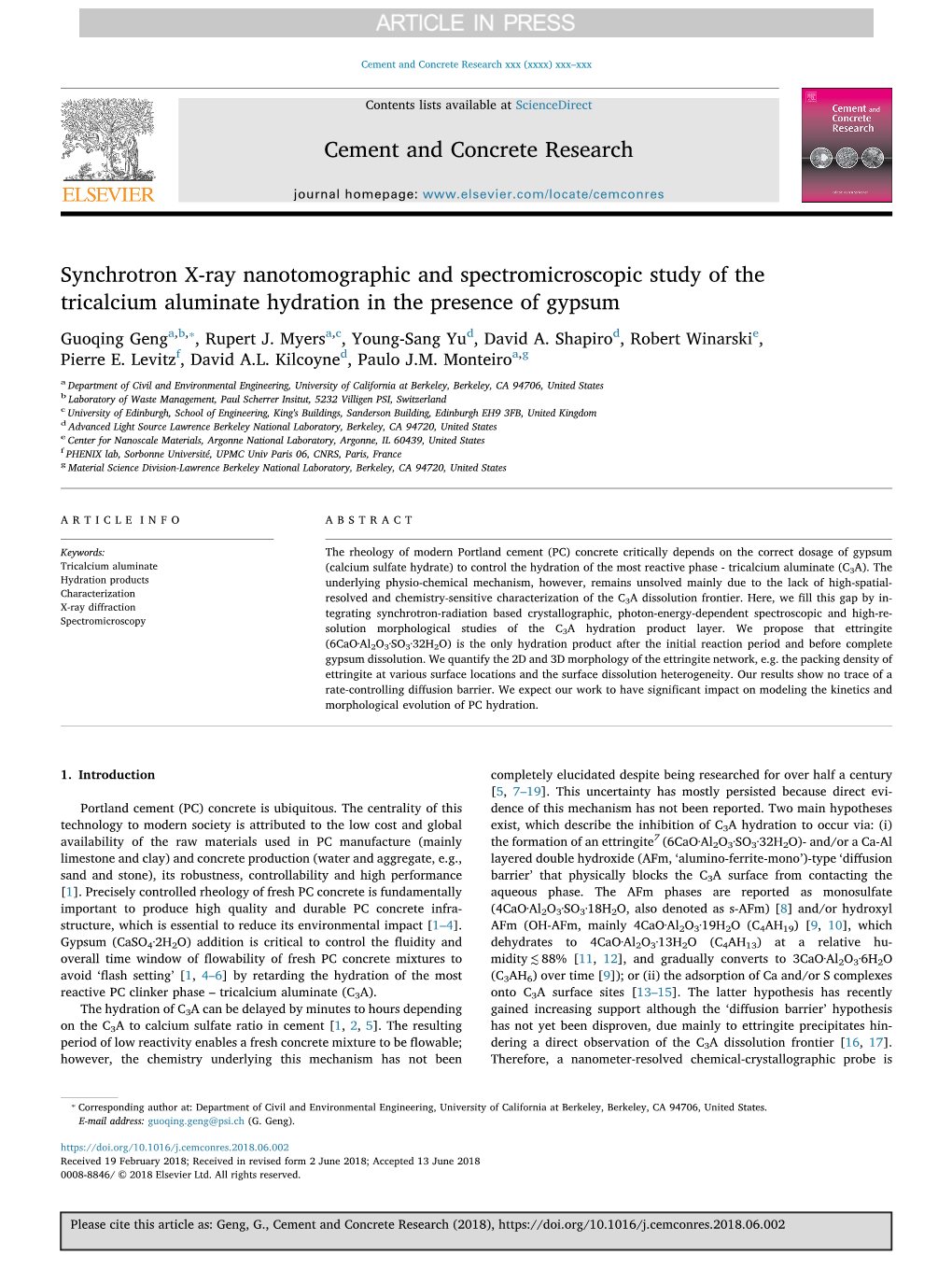 Synchrotron X-Ray Nanotomographic and Spectromicroscopic Study of the Tricalcium Aluminate Hydration in the Presence of Gypsum ⁎ Guoqing Genga,B, , Rupert J