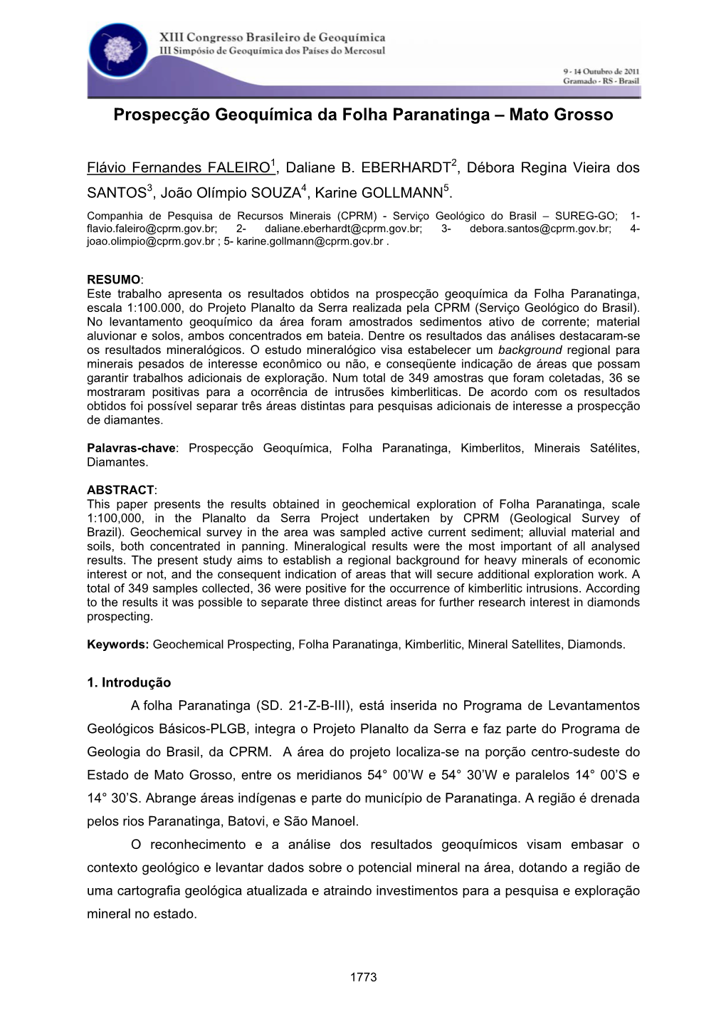 Prospecção Geoquímica Da Folha Paranatinga – Mato Grosso