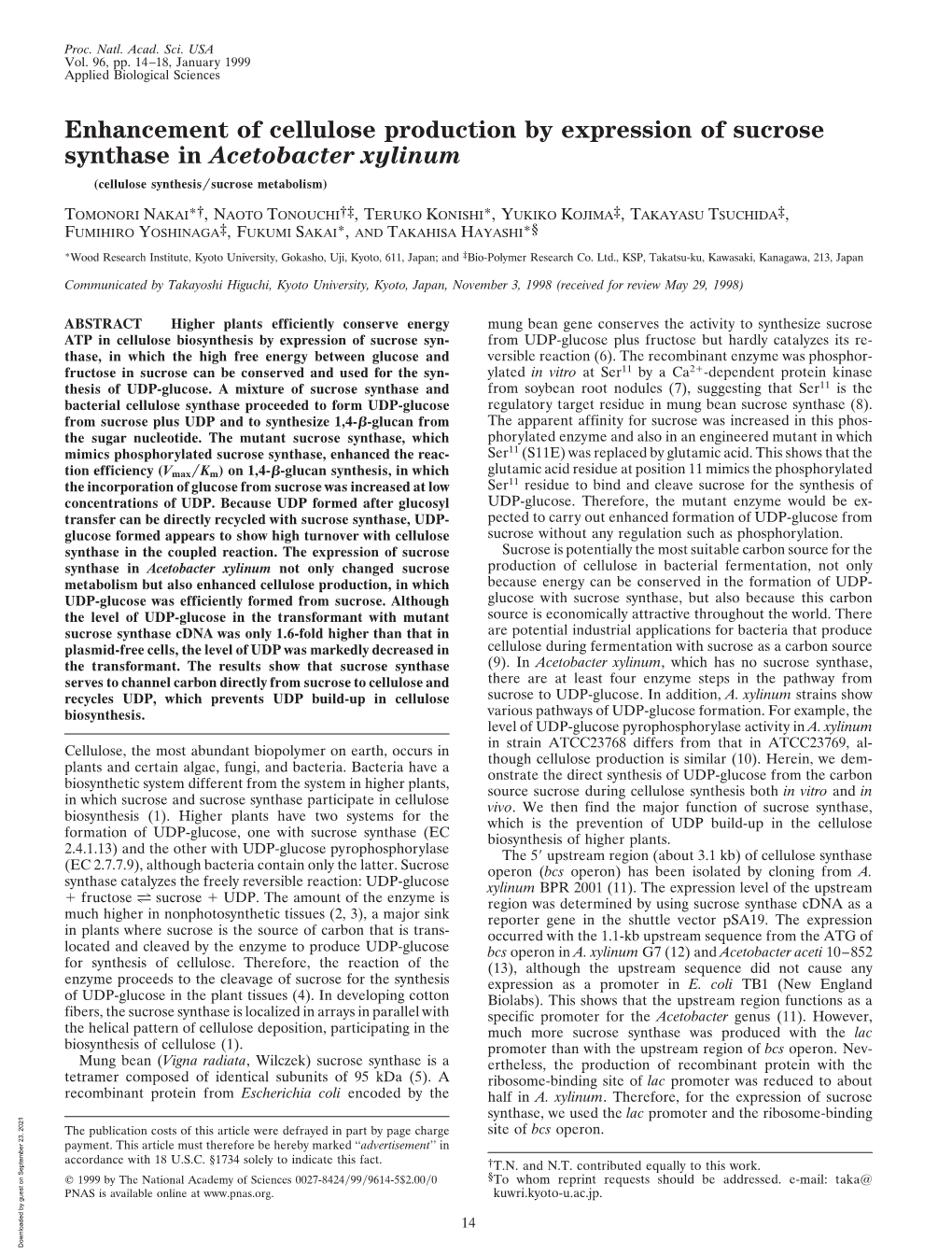 Enhancement of Cellulose Production by Expression of Sucrose Synthase in Acetobacter Xylinum (Cellulose Synthesis͞sucrose Metabolism)