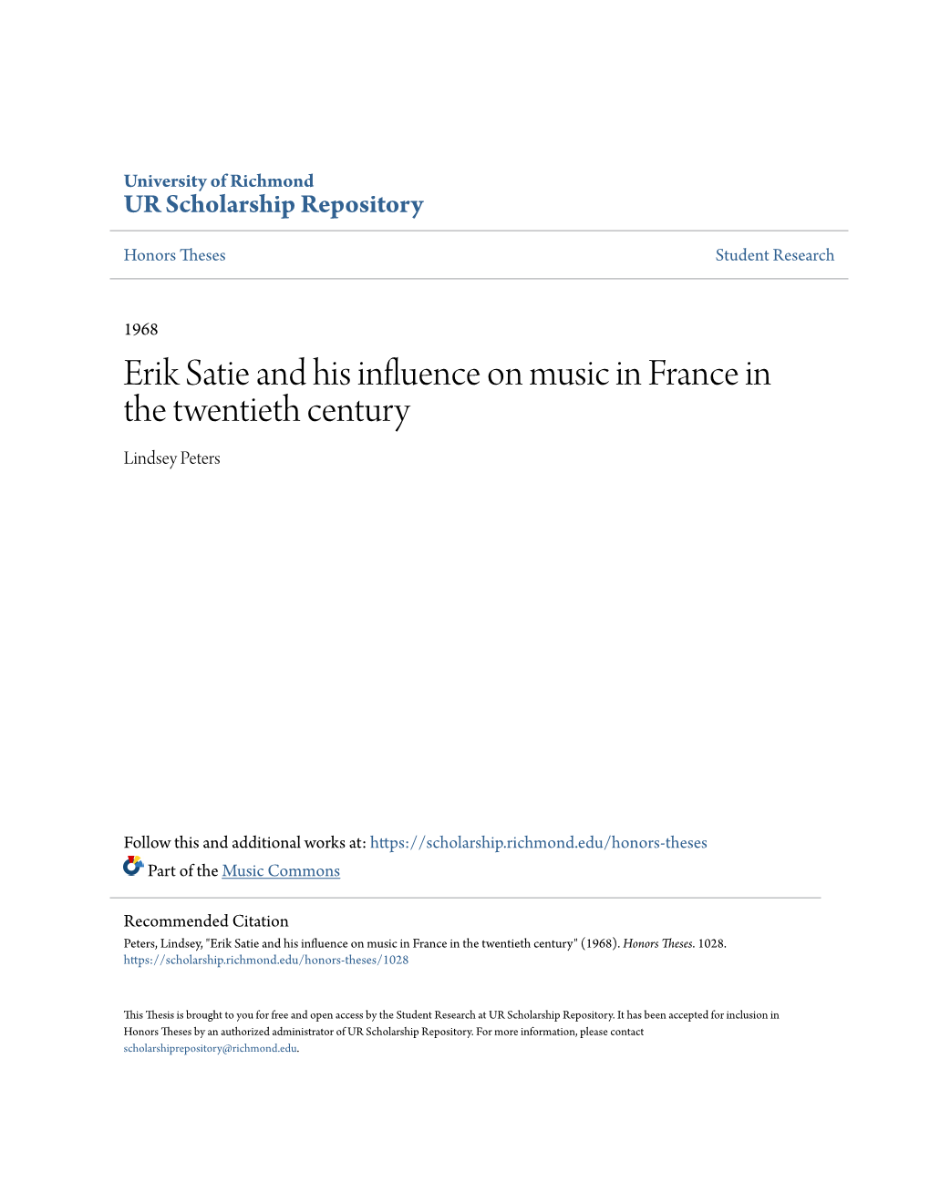 Erik Satie and His Influence on Music in France in the Twentieth Century Lindsey Peters