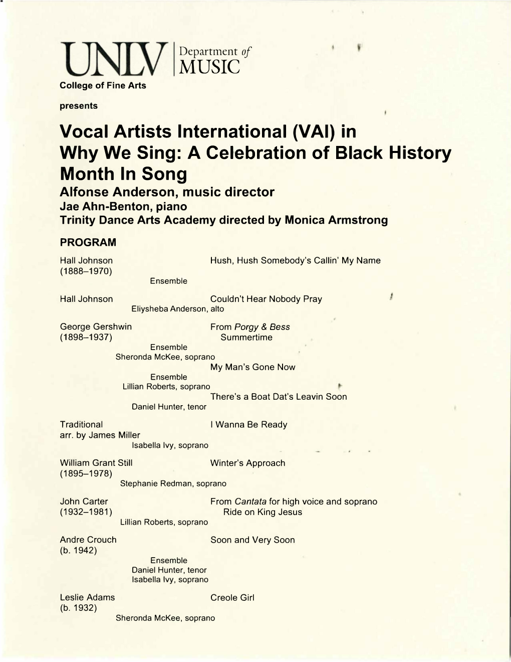 Vocal Artists International (VAI) in Why We Sing: a Celebration of Black History Month in Song