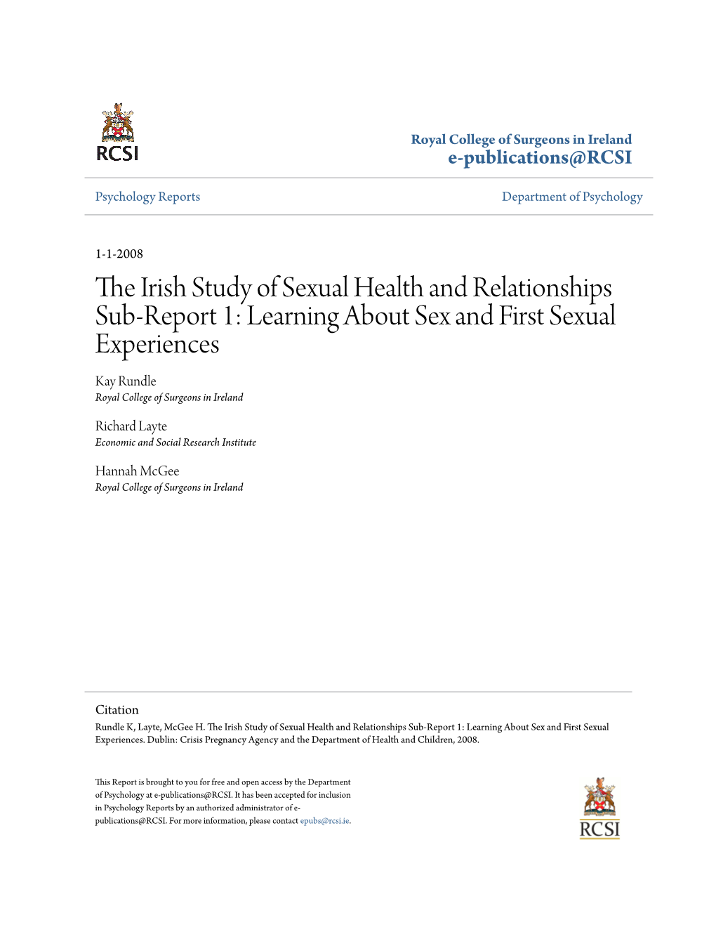 The Irish Study of Sexual Health and Relationships Sub-Report 1: Learning About Sex and First Sexual Experiences
