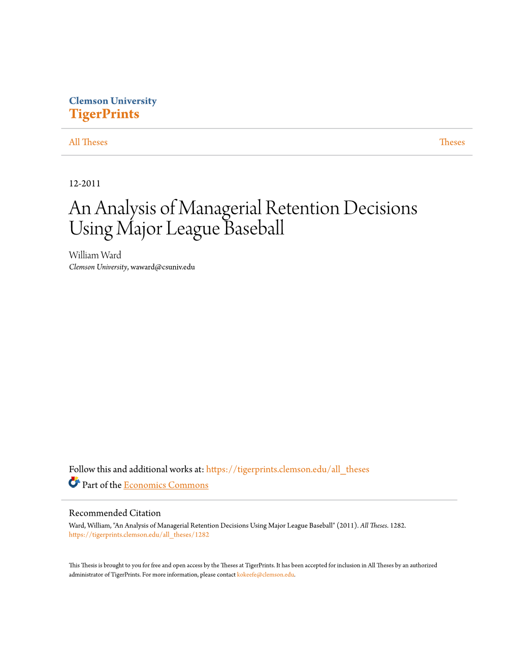 An Analysis of Managerial Retention Decisions Using Major League Baseball William Ward Clemson University, Waward@Csuniv.Edu