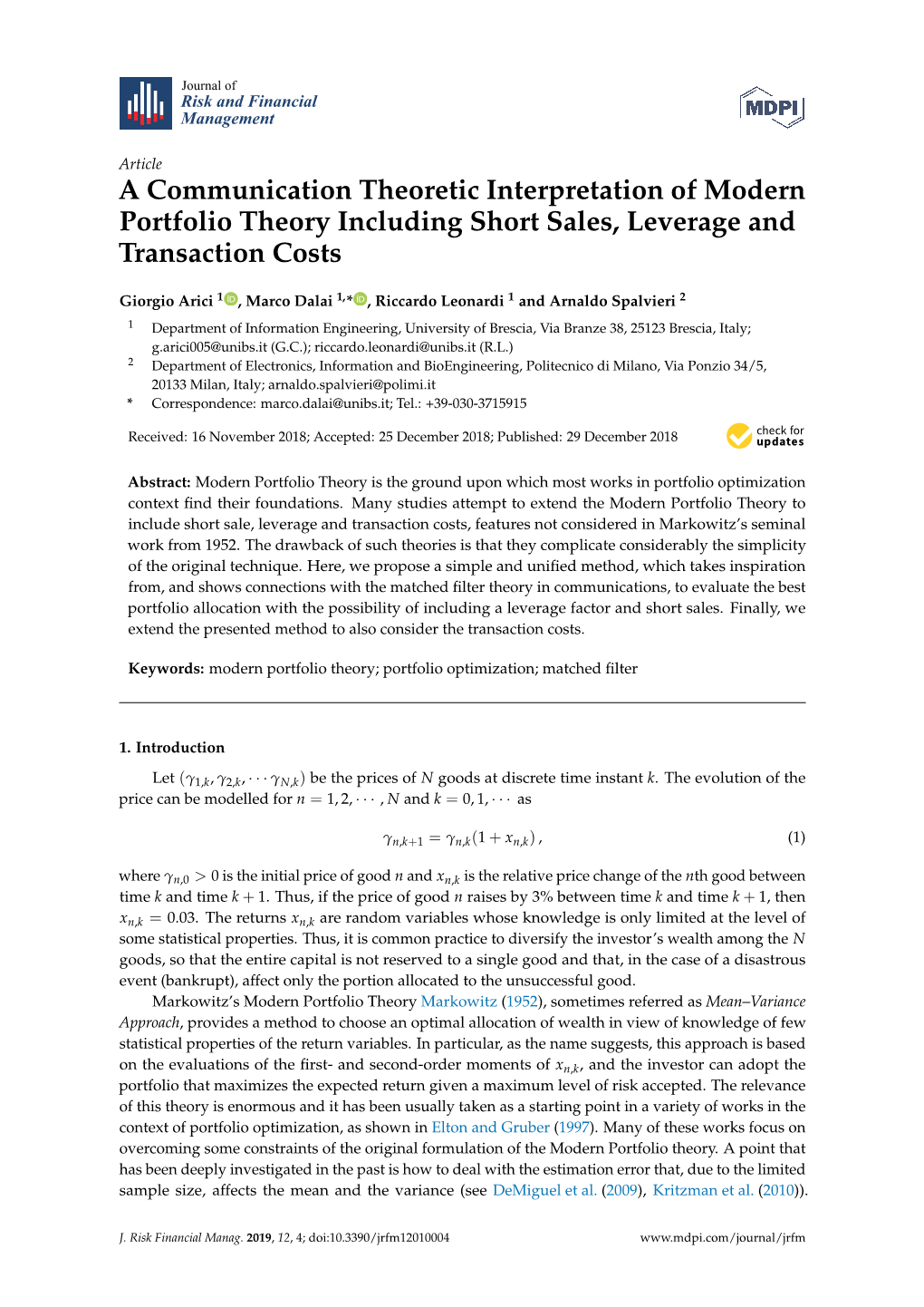 A Communication Theoretic Interpretation of Modern Portfolio Theory Including Short Sales, Leverage and Transaction Costs