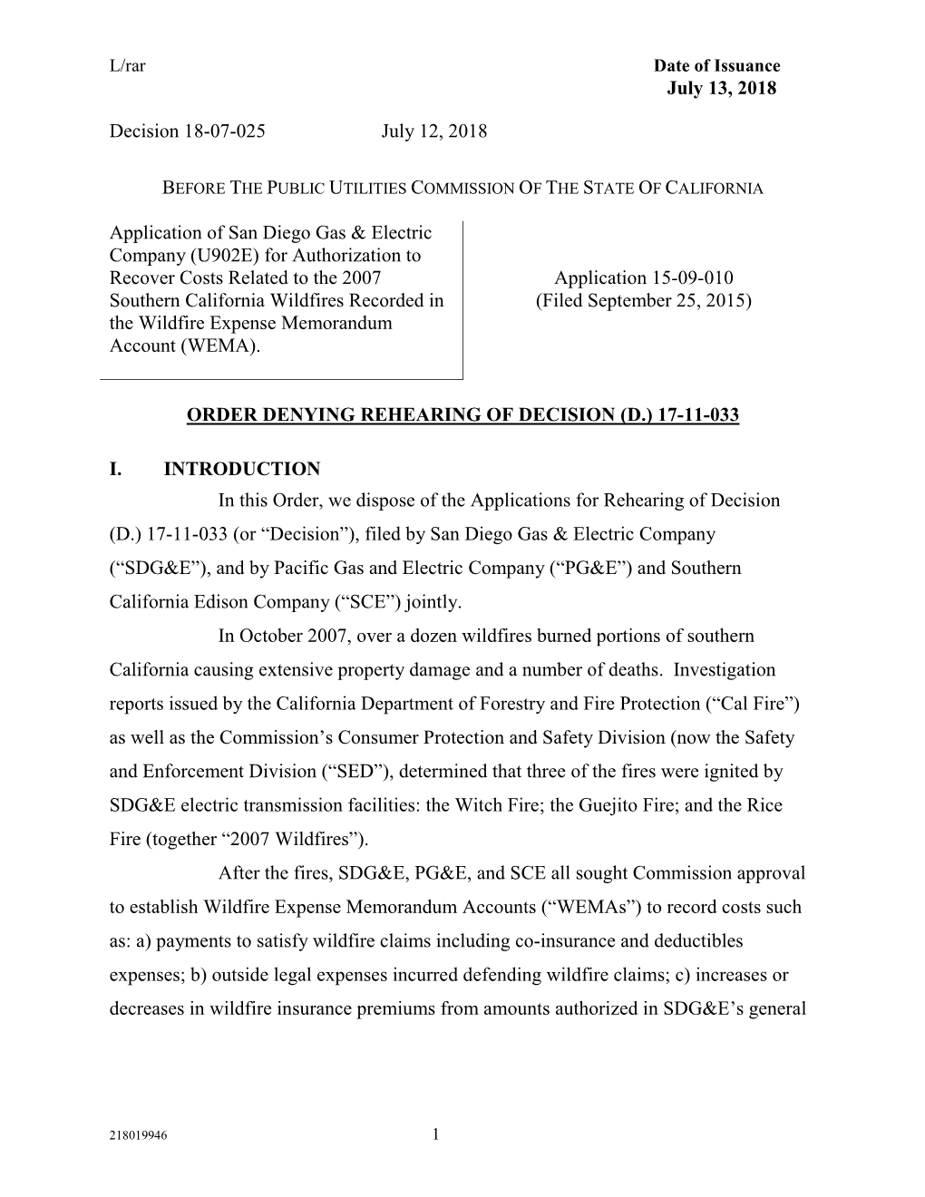 July 13, 2018 Decision 18-07-025 July 12, 2018 Application of San Diego