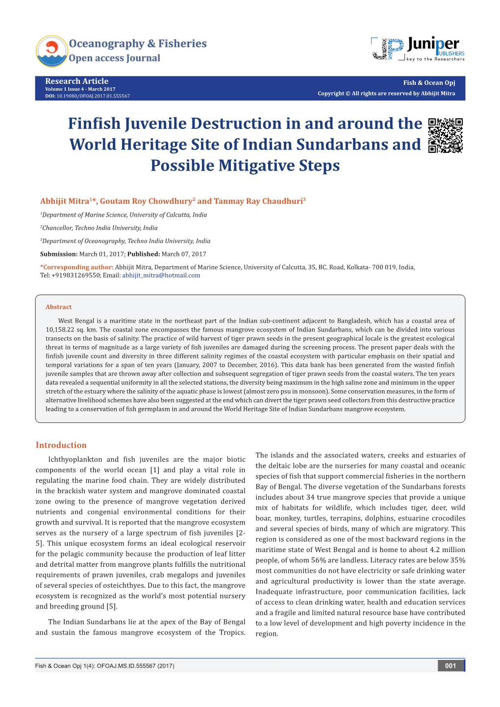 Finfish Juvenile Destruction in and Around the World Heritage Site of Indian Sundarbans and Possible Mitigative Steps