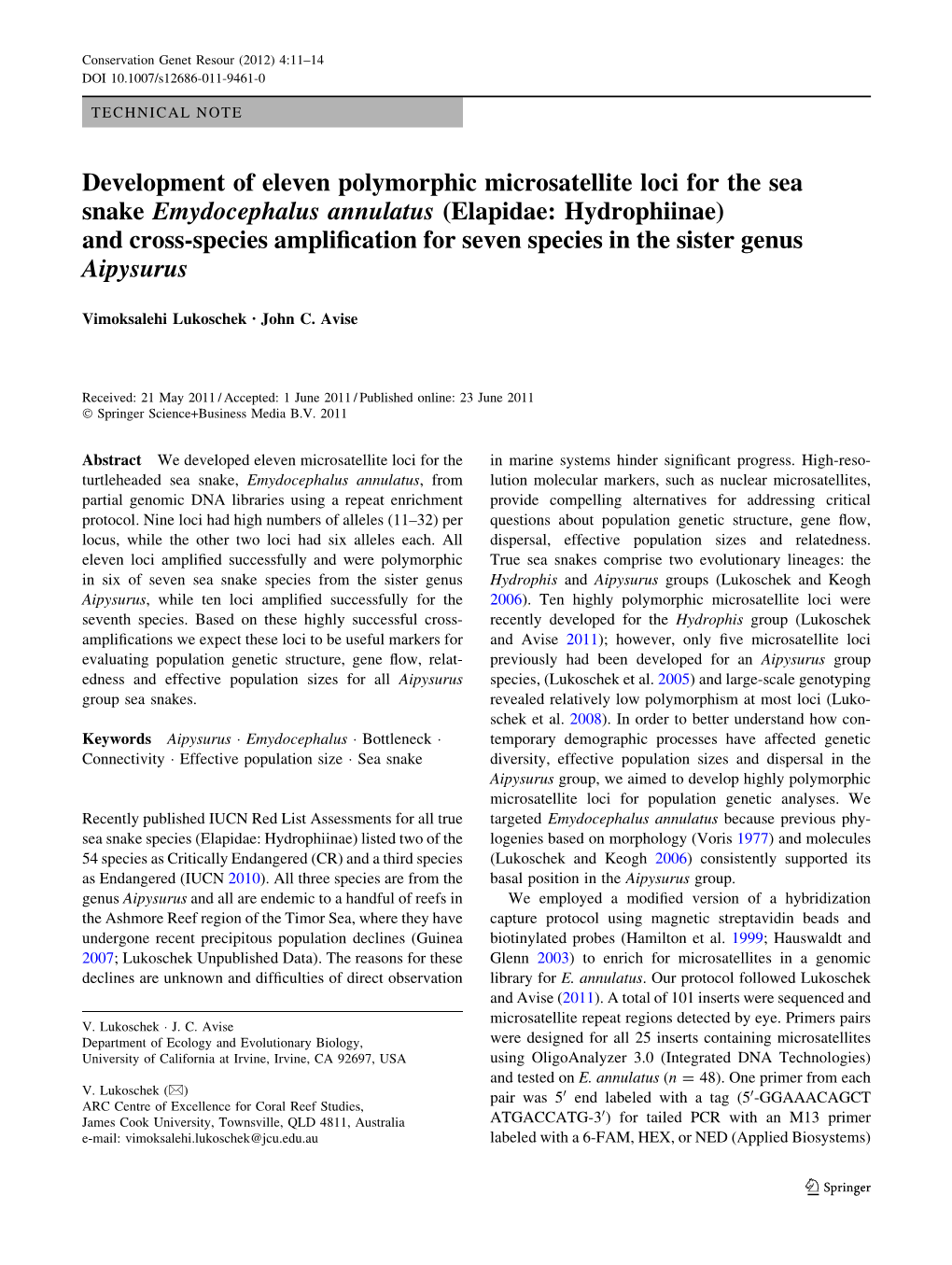 Development of Eleven Polymorphic Microsatellite Loci for the Sea Snake