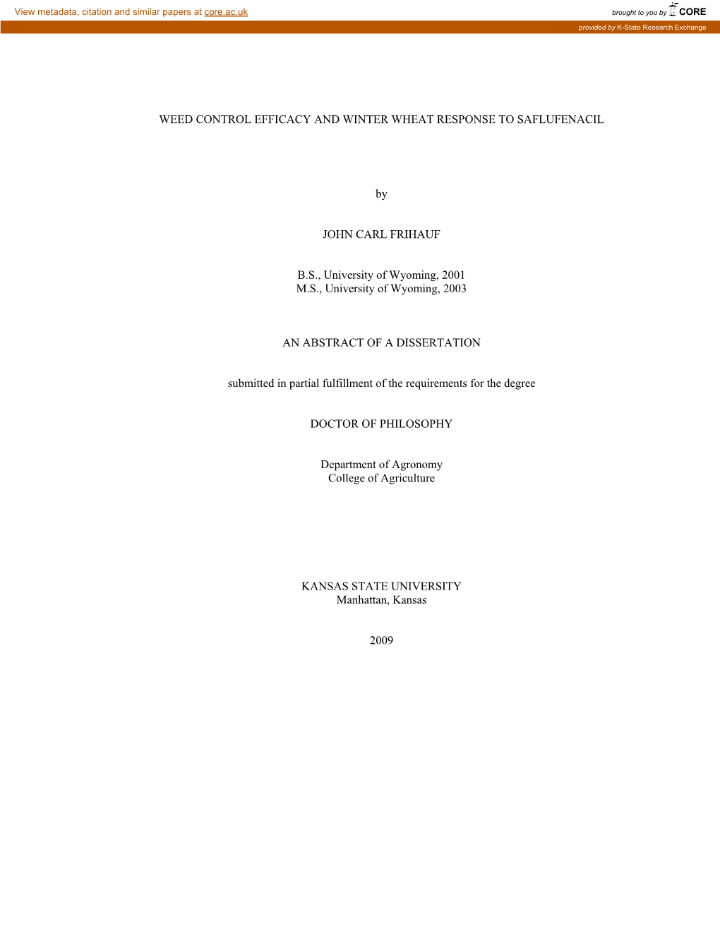 Weed Control Efficacy and Winter Wheat Response to Saflufenacil