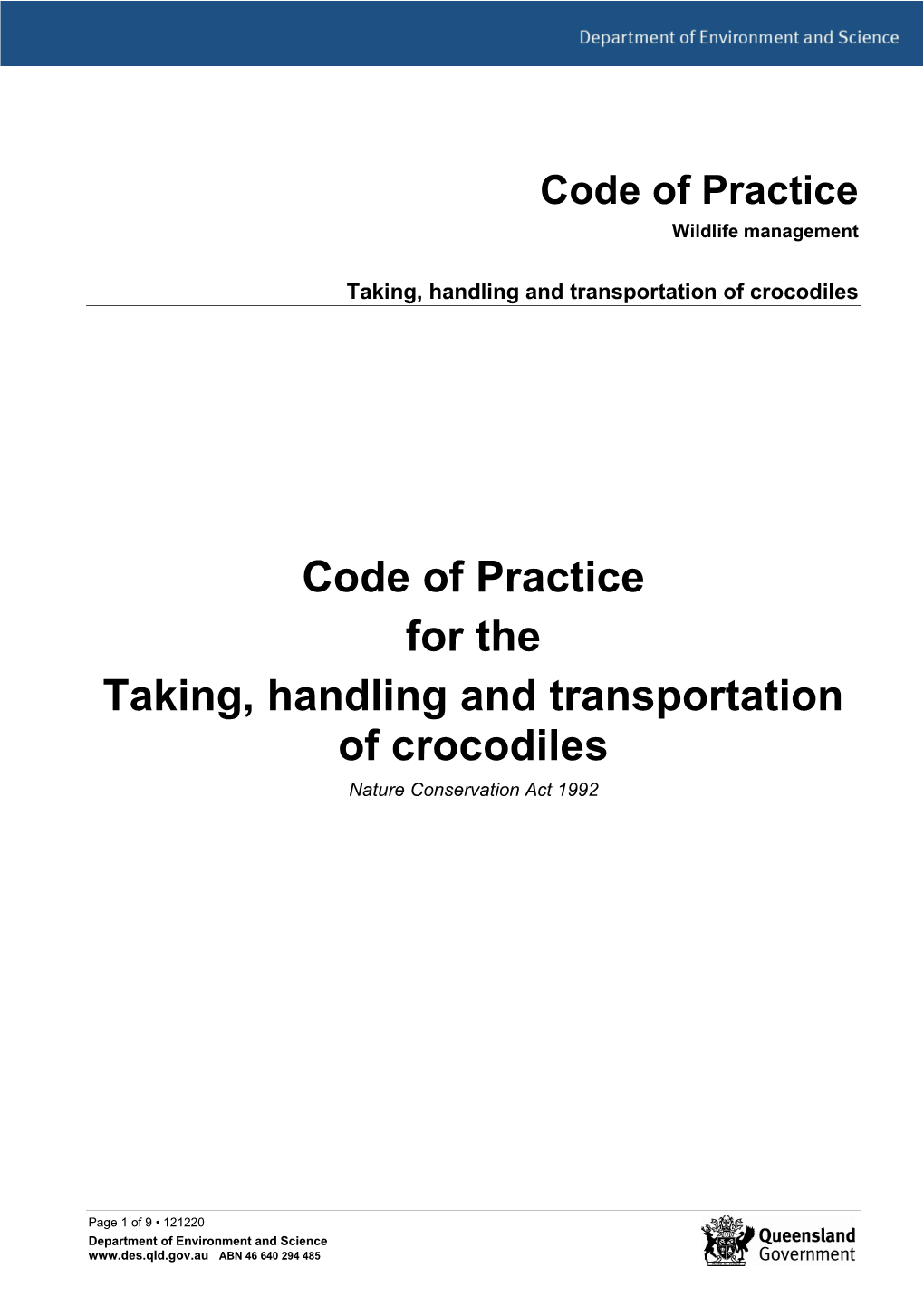 Code of Practice Taking, Handling and Transportation of Crocodiles