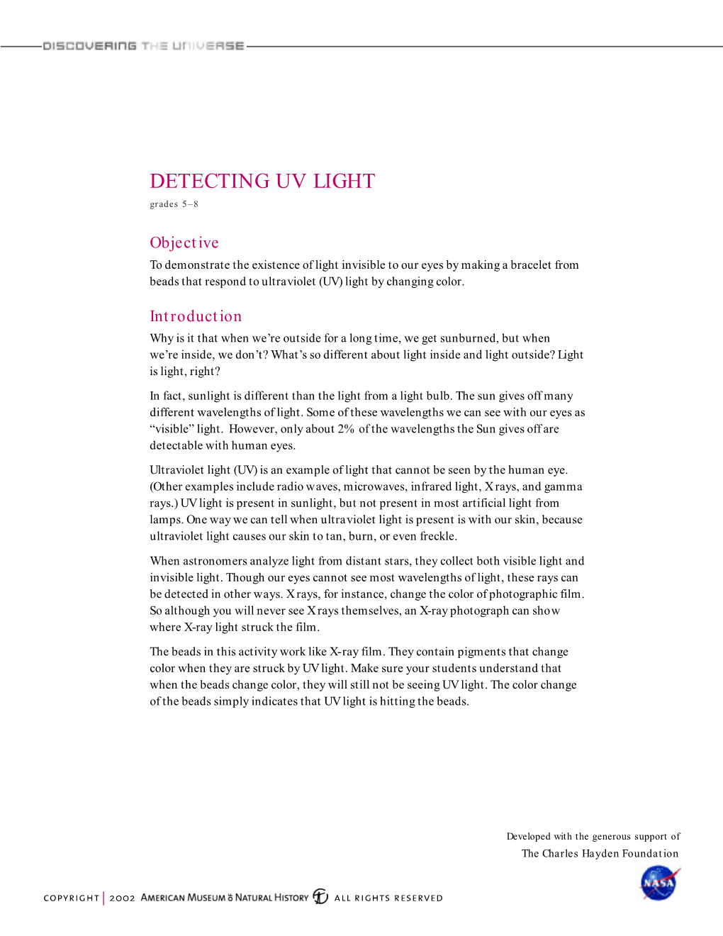 DETECTING UV LIGHT Grades 5–8