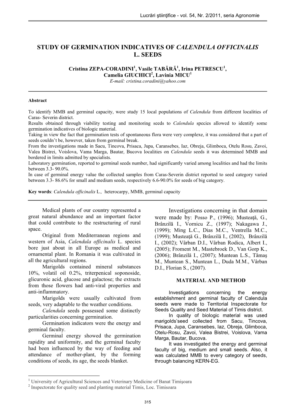 Study of Germination Indicatives of Calendula Officinalis L