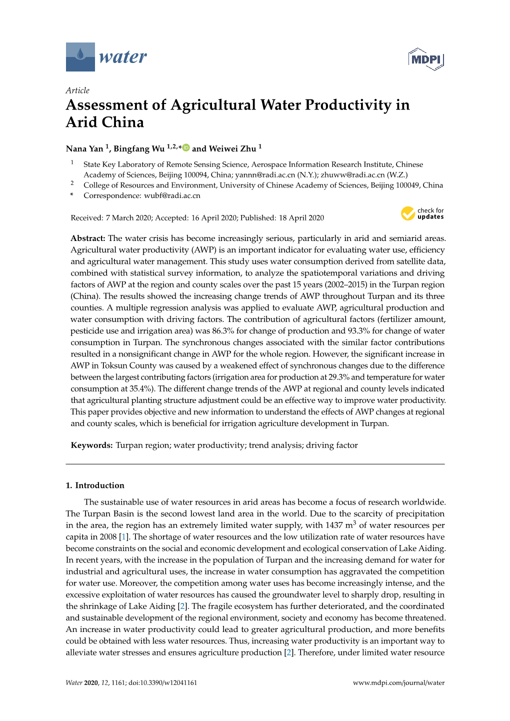 Assessment of Agricultural Water Productivity in Arid China