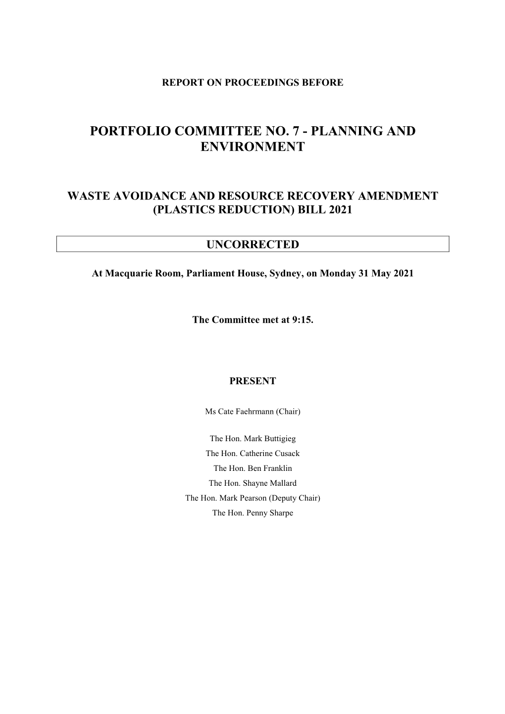 Portfolio Committee No. 7 - Planning and Environment