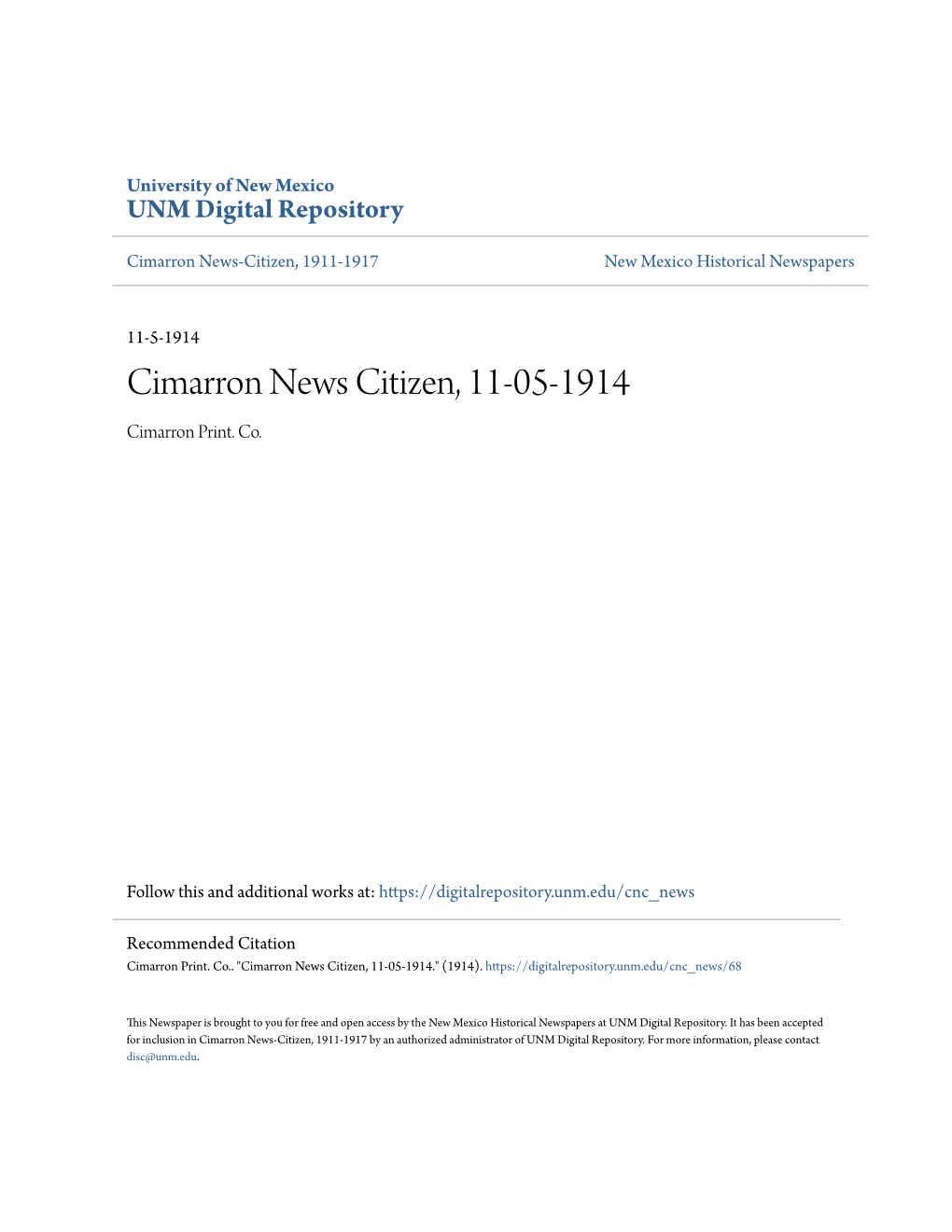 Cimarron News Citizen, 11-05-1914 Cimarron Print