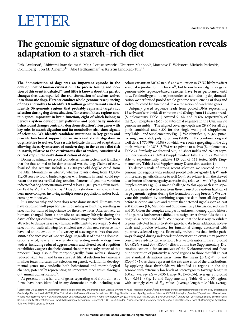 The Genomic Signature of Dog Domestication Reveals Adaptation to a Starch-Rich Diet