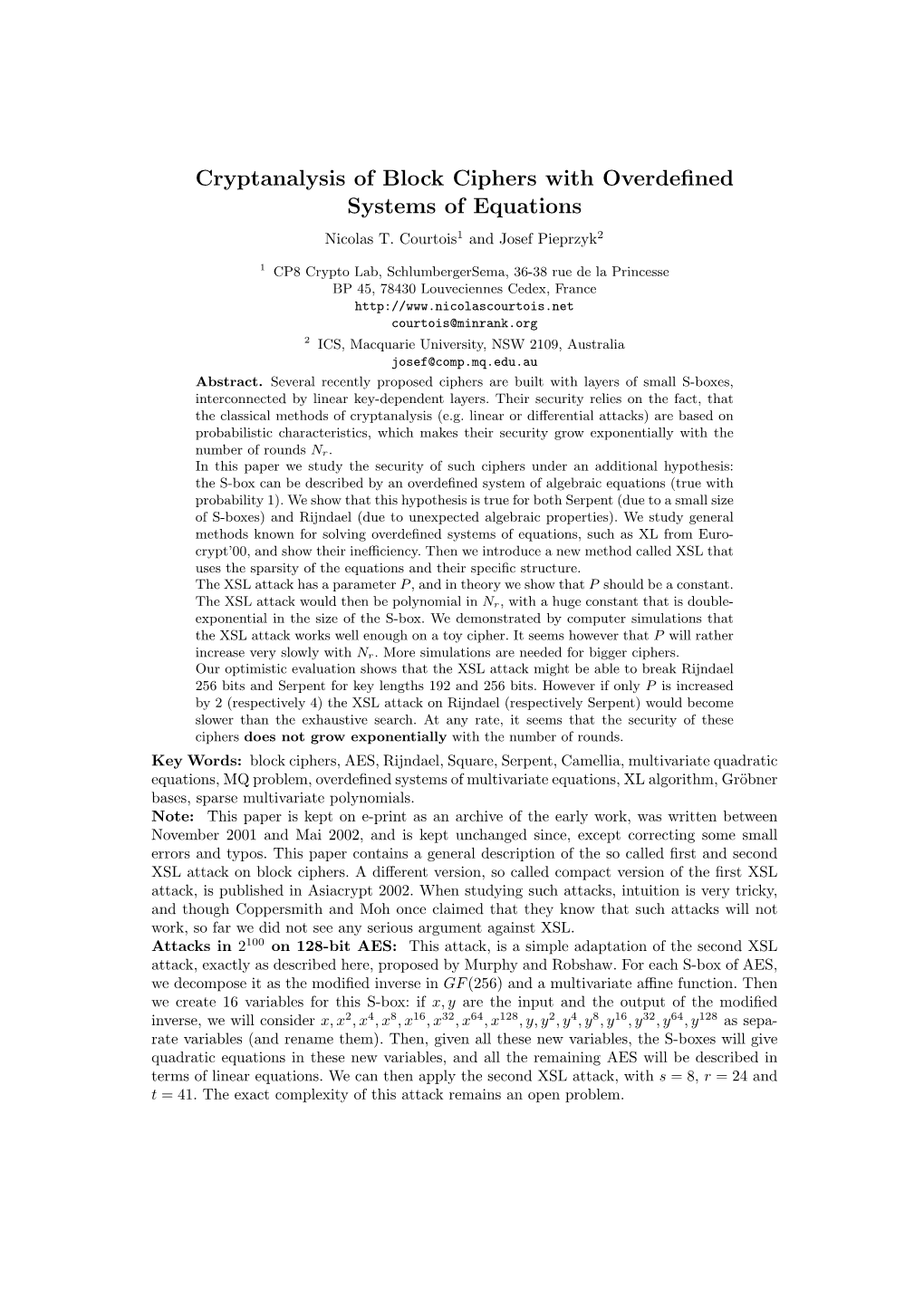 Cryptanalysis of Block Ciphers with Overdefined Systems of Equations