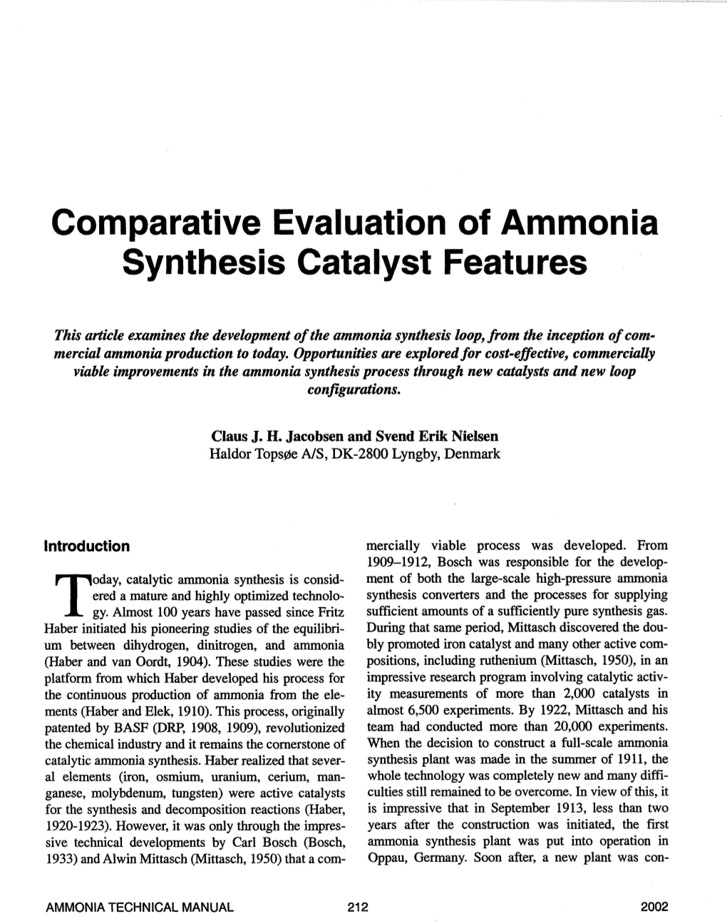 Comparative Evaluation of Ammonia Synthesis Catalyst Features