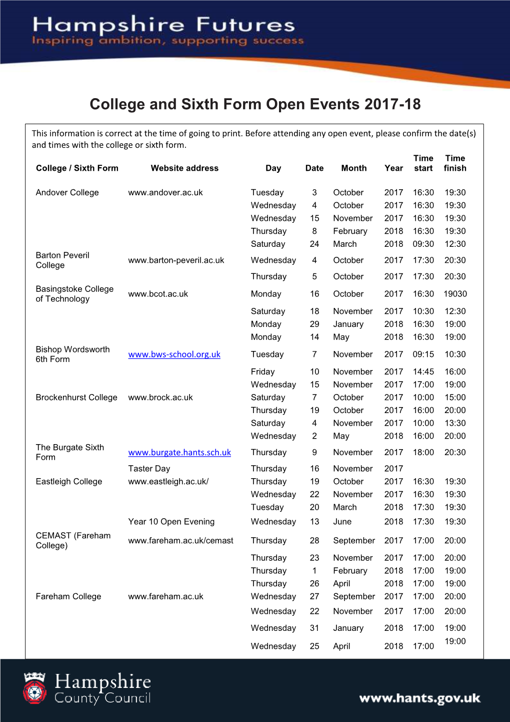 College and Sixth Form Open Events 2017-18