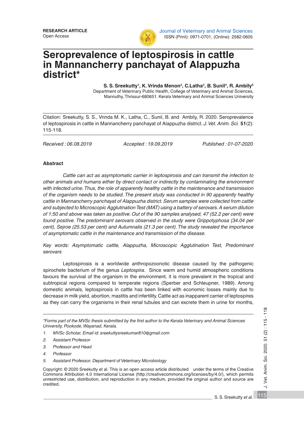 2. Seroprevalence of Leptospirosis in Cattle in Mannancherry Panchayat