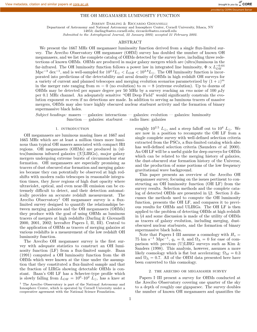 THE OH MEGAMASER LUMINOSITY FUNCTION ABSTRACT We Present