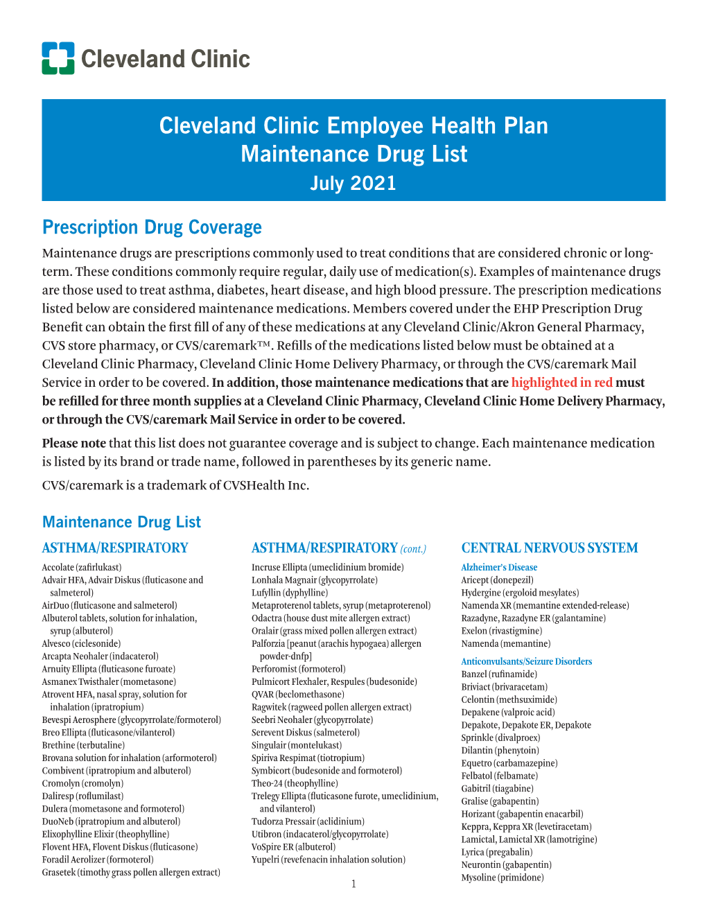 Cleveland Clinic Employee Health Plan Maintenance Drug List July 2021