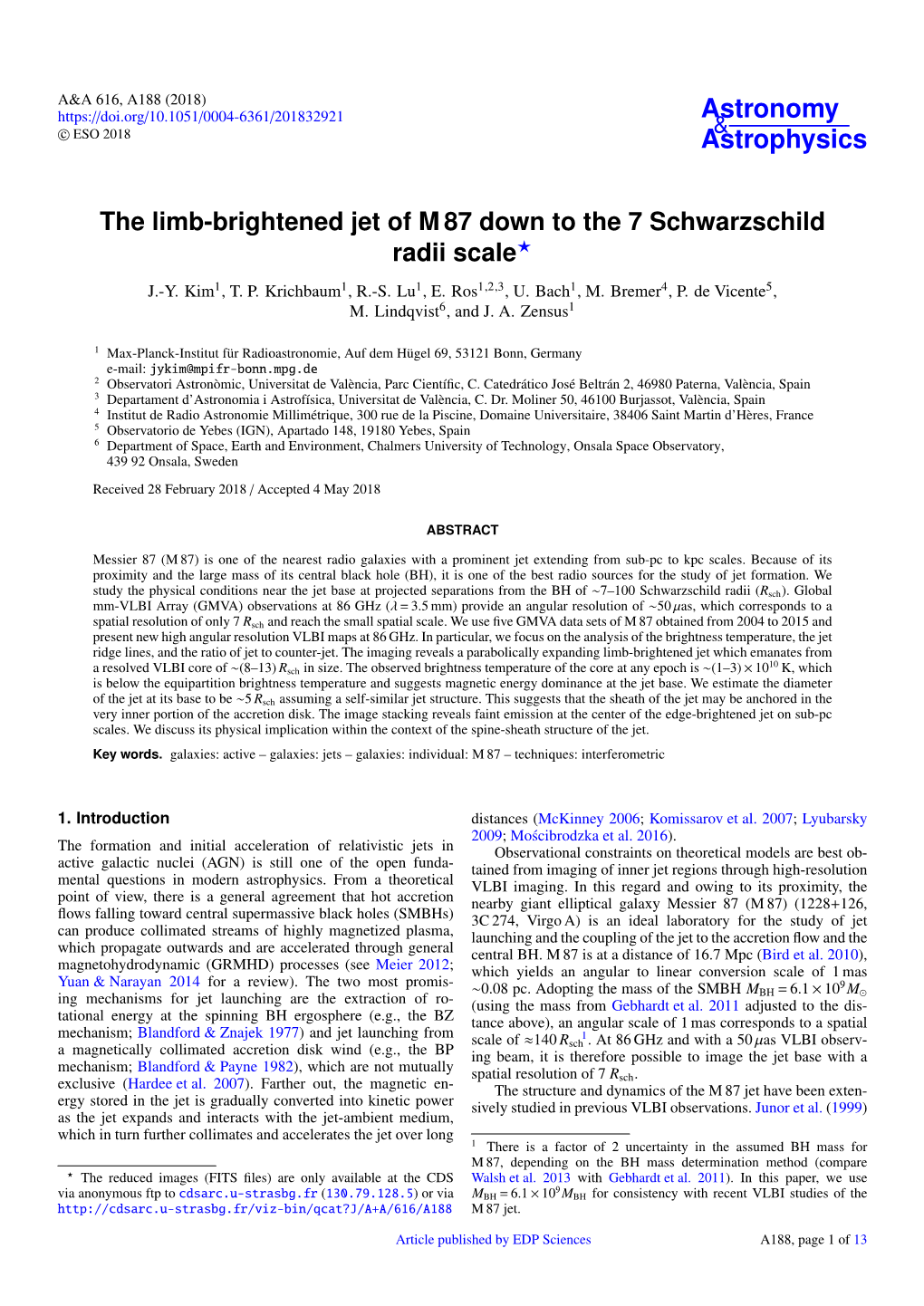 The Limb-Brightened Jet of M87 Down to the 7 Schwarzschild Radii Scale