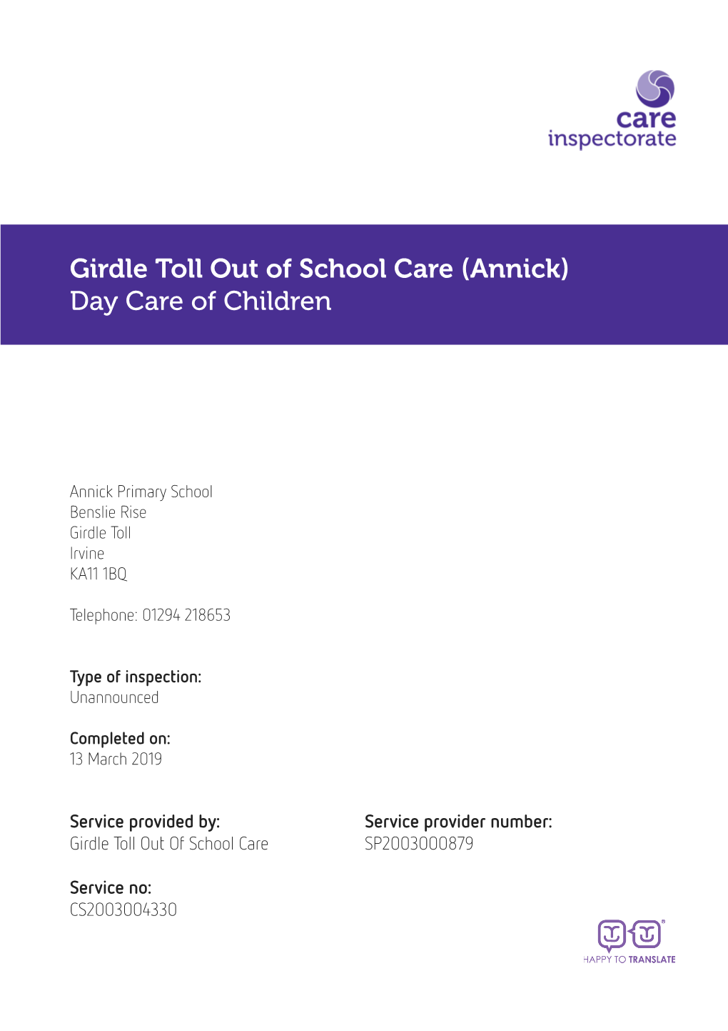 Girdle Toll out of School Care (Annick) Day Care of Children