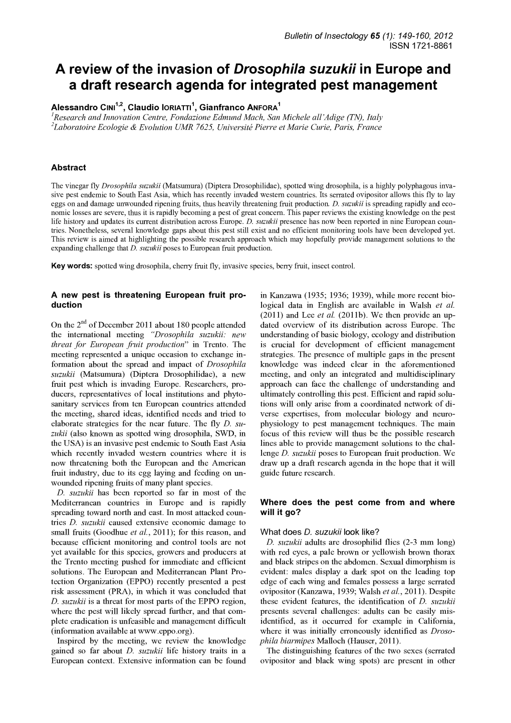 A Review of the Invasion of Drosophila Suzukii in Europe and a Draft Research Agenda for Integrated Pest Management