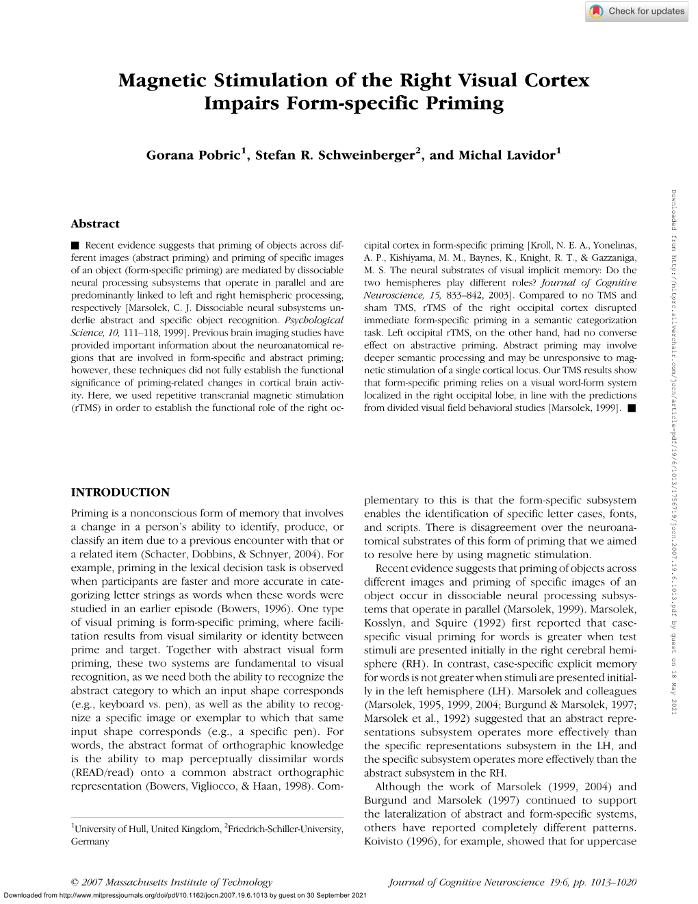 Magnetic Stimulation of the Right Visual Cortex Impairs Form-Specific Priming