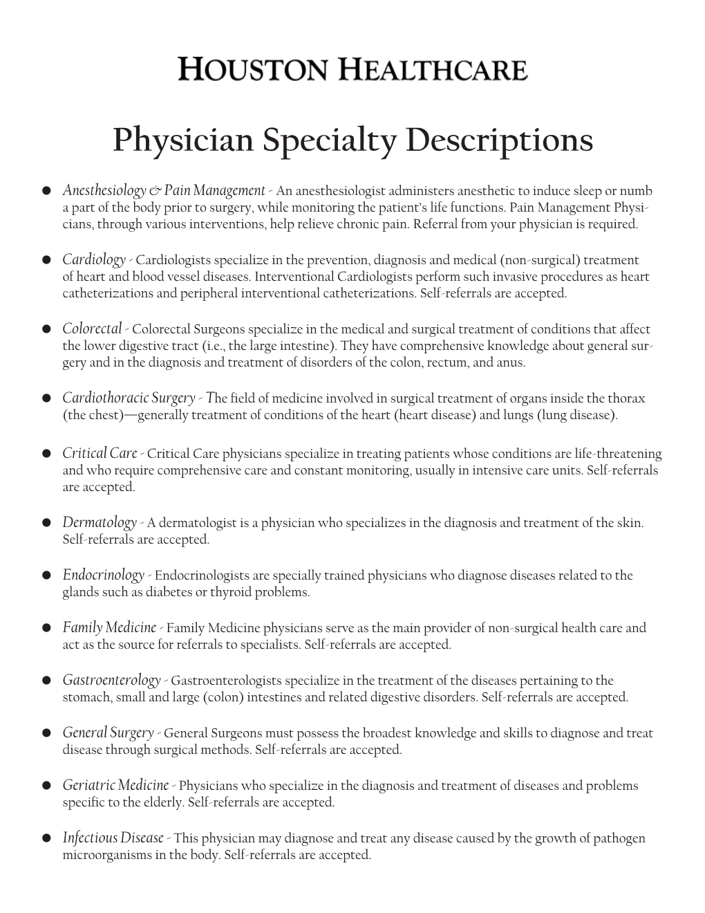 Physician Specialty Descriptions