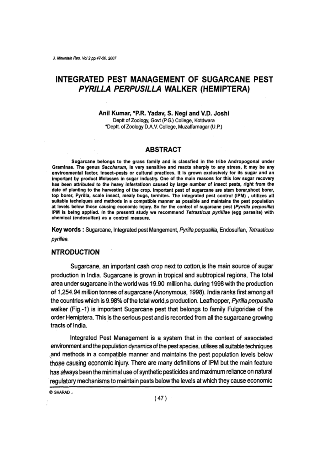 Integrated Pest Management of Sugarcane Pest Pyrilla Perpusilla Walker (Hemiptera)