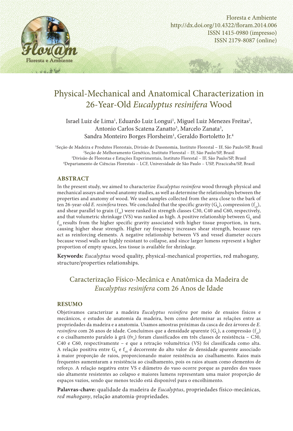 Physical-Mechanical and Anatomical Characterization in 26-Year-Old Eucalyptus Resinifera Wood