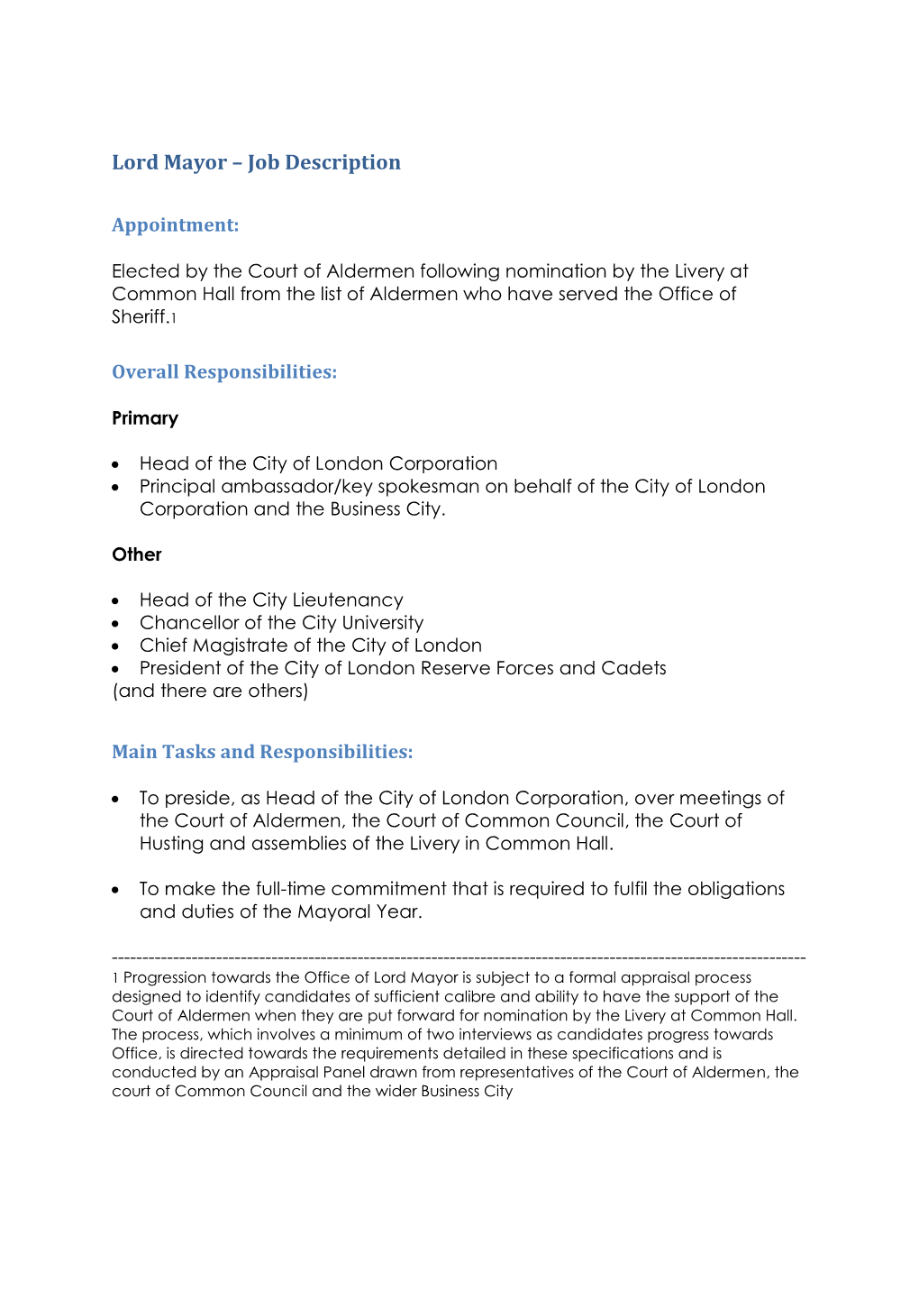 Lord Mayor Job Description