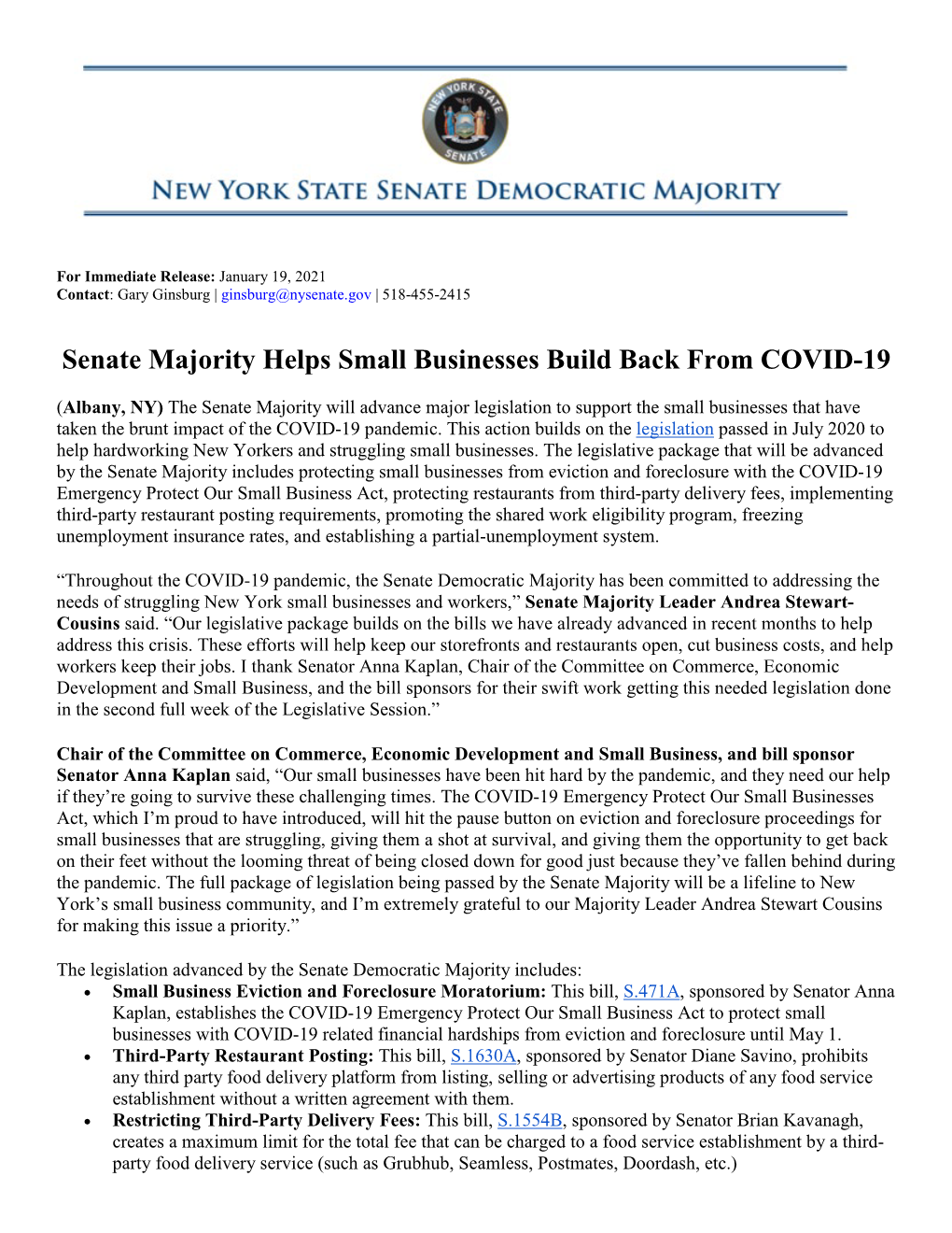 Senate Majority Helps Small Businesses Build Back from COVID-19