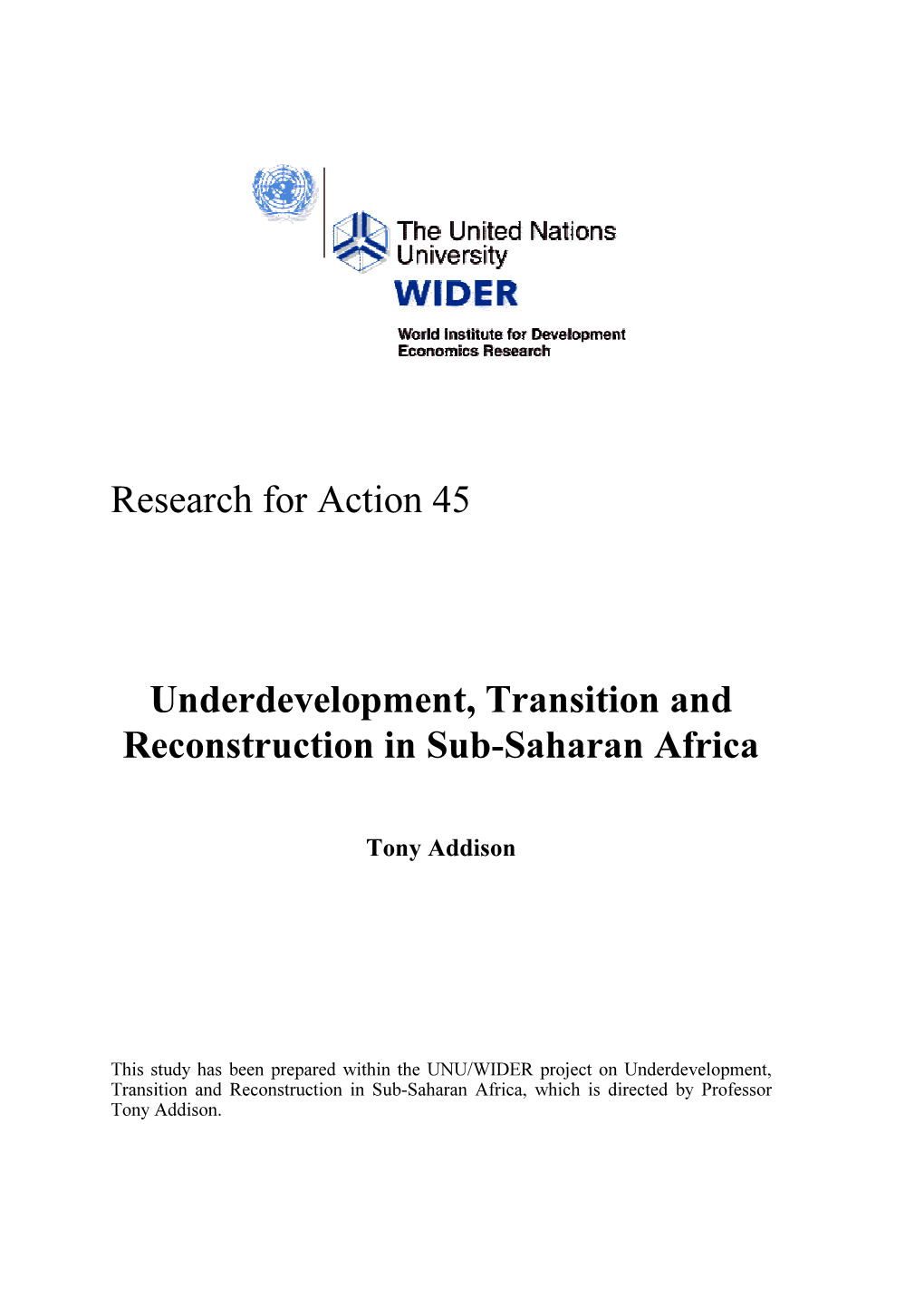 Underdevelopment, Transition and Reconstruction in Sub-Saharan Africa