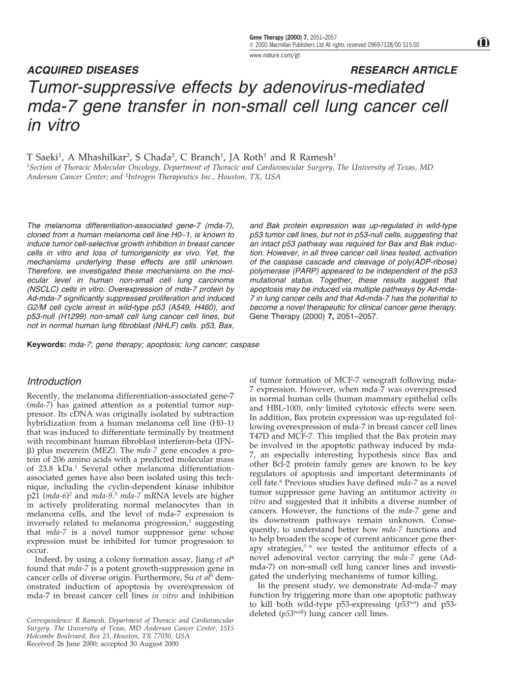 Tumor-Suppressive Effects by Adenovirus-Mediated Mda-7 Gene Transfer in Non-Small Cell Lung Cancer Cell in Vitro