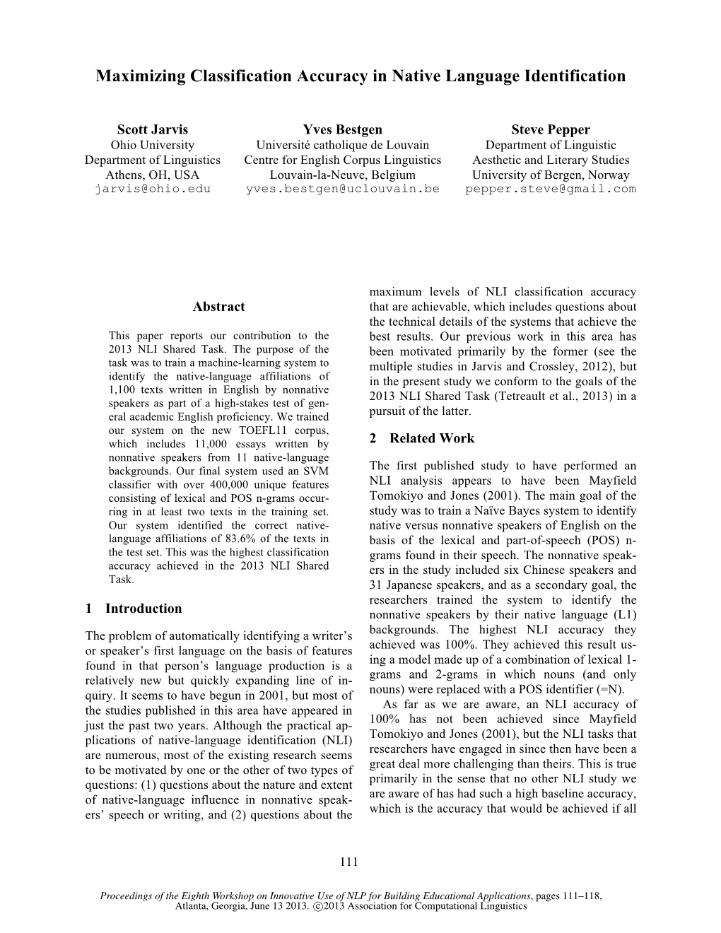 Maximizing Classification Accuracy in Native Language Identification