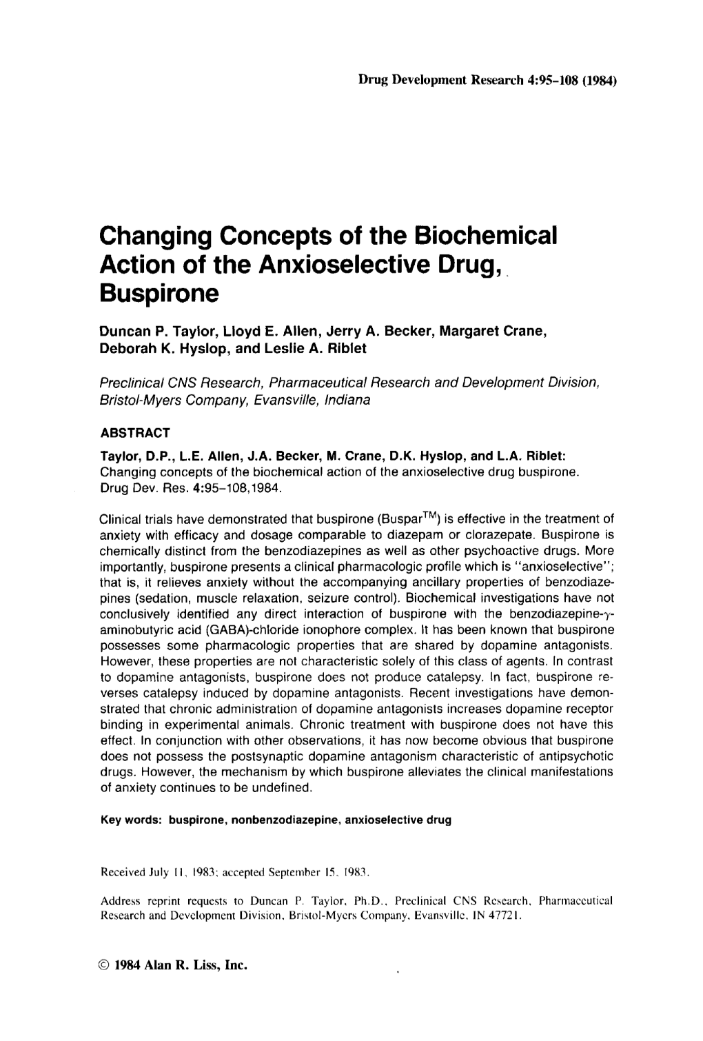 Changing Concepts of the Biochemical Action of the Anxioselective Drug, Buspirone