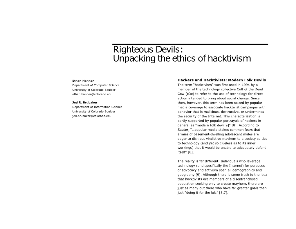 Righteous Devils: Unpacking the Ethics of Hacktivism