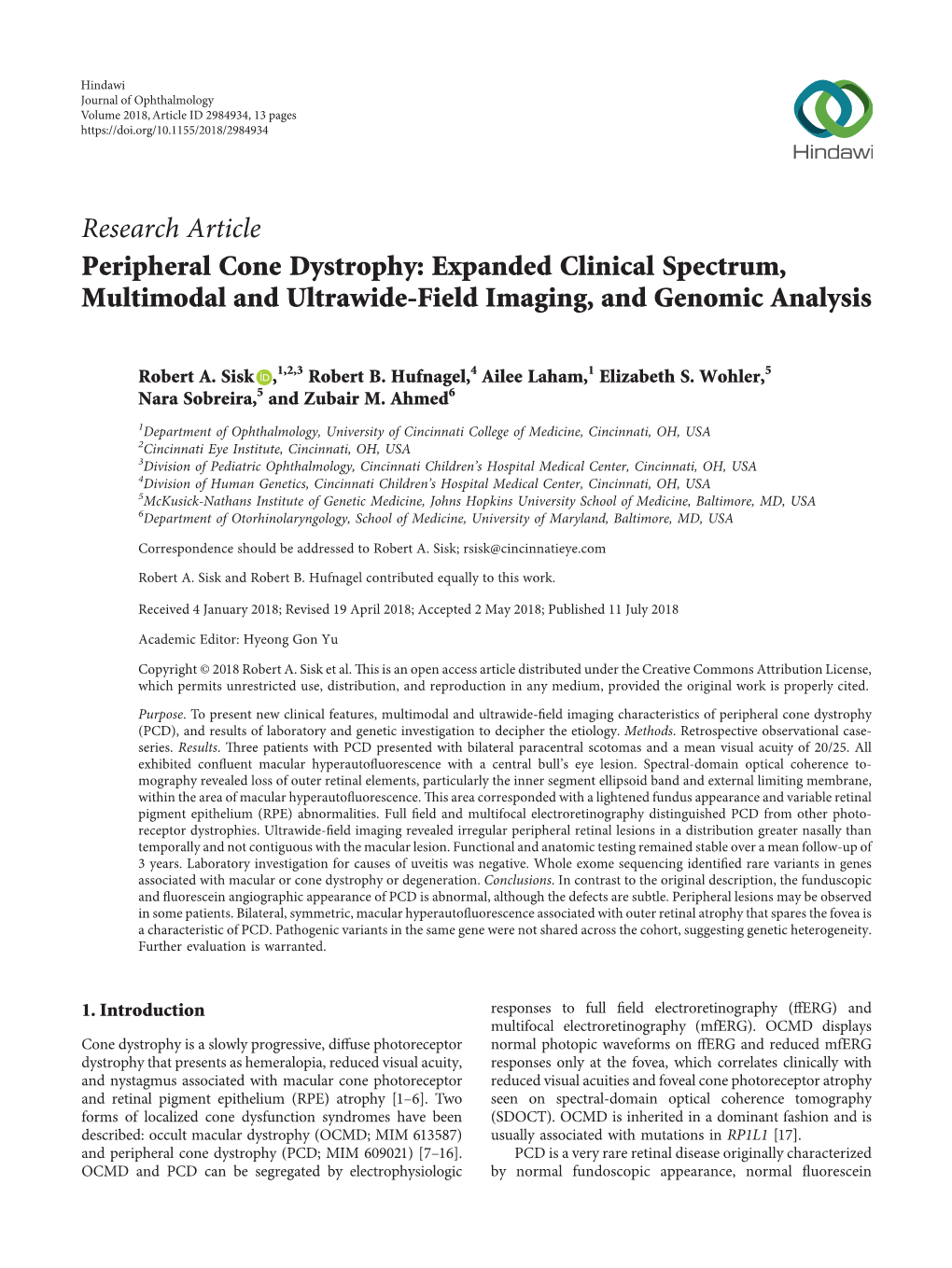 Research Article Peripheral Cone Dystrophy: Expanded Clinical Spectrum, Multimodal and Ultrawide-Field Imaging, and Genomic Analysis