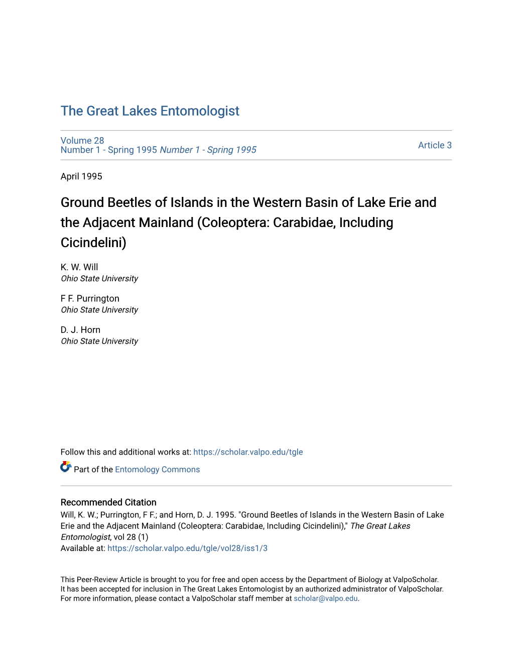 Ground Beetles of Islands in the Western Basin of Lake Erie and the Adjacent Mainland (Coleoptera: Carabidae, Including Cicindelini)